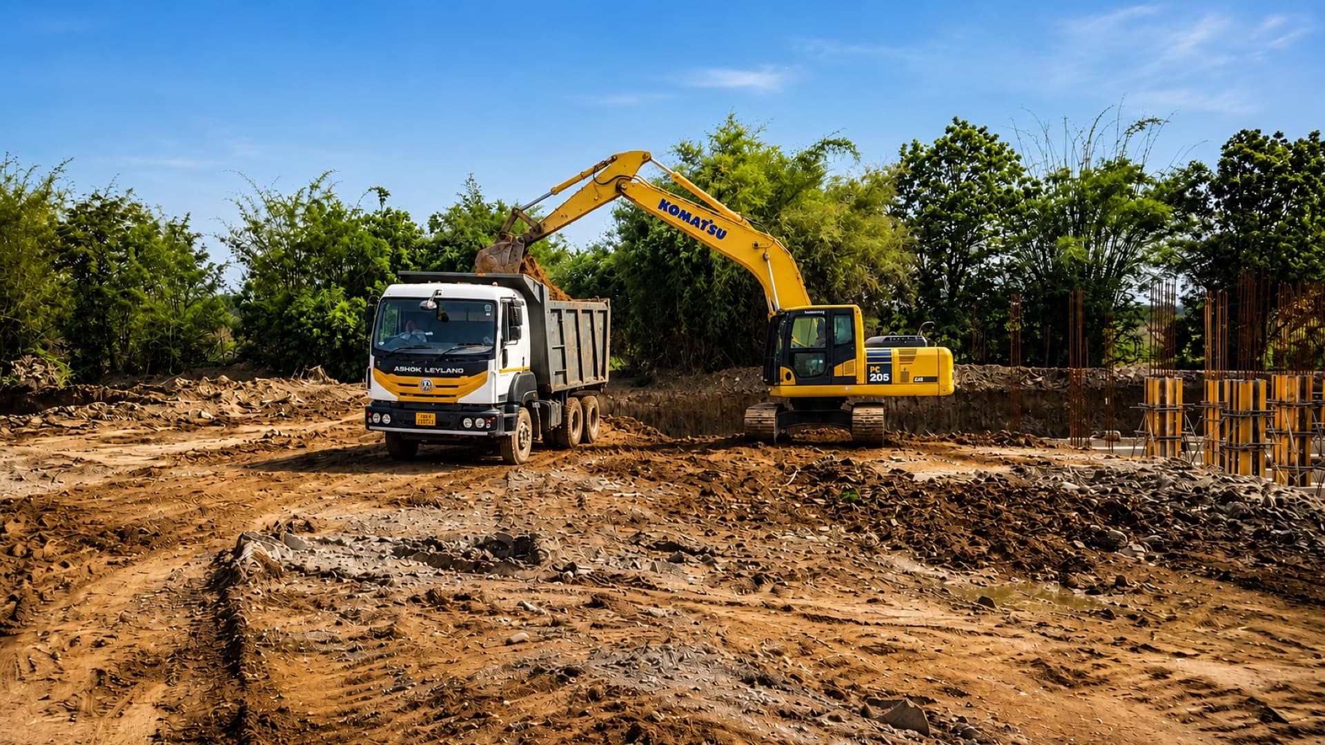 Excavator loading a tipper on a bright working day